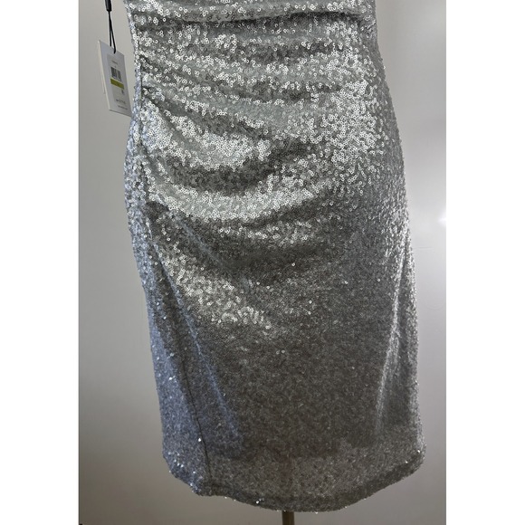 NWT Calvin Klein Sequin Ruched Sheath Shift Dress Silver Pleated Bodycon Size 14 - Picture 8 of 16
